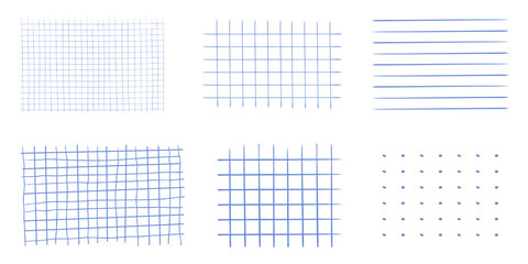 Graph crayon blue hand drawn textured square grid for note, geometric line texture. Crayon or pencil stripes, dots for bullet journal pages.