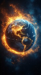 fiery earth in space: planet on fire with glowing flames and dark cosmic background