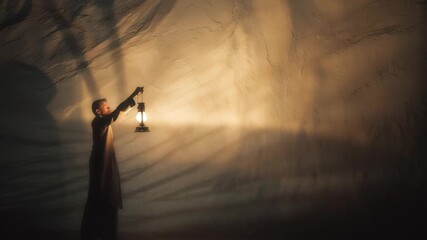 Poster - Shadow play in the cave with lantern light creates captivating silhouettes at dusk