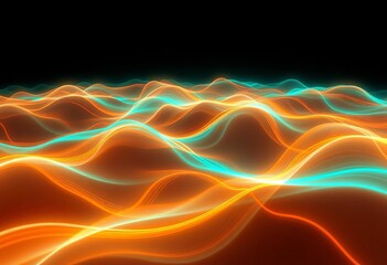 Poster - Luminous orange & teal energy waves surge across a dark void, forming an abstract digital landscape,  science,  abstract art