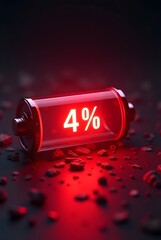 Poster - A dramatically lit, transparent battery displays a critical 4 charge level, vertical composition. Its red glow casts an ominous light on the surrounding dark, rocky debris, symbolizing low energy.