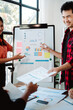 © Dino - Brainstorming of young modern group. Team meeting to achieve goal. Business people discussing finance business and analysis. Teamwork concept in modern office. Calculating personal tax for client.