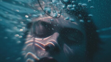 Poster - Underwater exploration captures serene face with bubbles in a tranquil blue setting