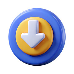 Poster - 3d rendered blue and yellow circular button with white downward arrow symbol isolated on transparent background