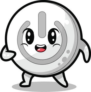 Cartoon power button character standing. Energy, technology, mascot, symbol, kawaii, icon, gadget, electric, toggle, start, design, modern, device, cute.