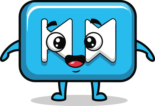 Happy cartoon rewind button character stands. Media playback, interface, icon, cute, fun, digital, modern