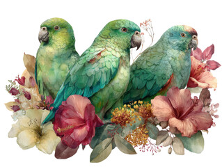 Naklejka na meble Colorful parrots surrounded by flowers nature scene art illustration. Isolated on transparent background, png.