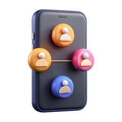 Poster - 3d rendering of a mobile device displaying a network of connected user icons isolated on transparent background