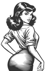 Wall Mural - confident woman with long wavy hair, turning back in a form-fitting blouse and pencil skirt sketch e