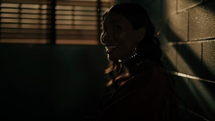 Poster - Portrait of a reflective woman in shadow with light streaming through a window in a dimly lit room