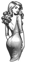 Wall Mural - confident woman in a fitted dress, looking over her shoulder with a glamorous expression sketch engr