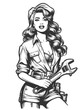 © Oleksandr Pokusai - confident woman in mechanic overalls holding a wrench, symbolizing strength and empowerment sketch engraving generative ai fictional character vector illustration. Scratch board. Black and white.