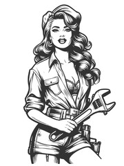 Wall Mural - confident woman in mechanic overalls holding a wrench, symbolizing strength and empowerment sketch e