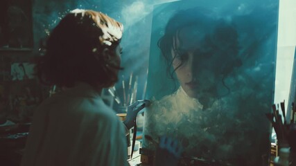Poster - Exploring creativity in an art studio with a captivating portrait painting and ethereal light