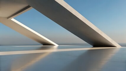 Poster - Sky Arches – Converging Beams, Reflective Surface, Minimalist Structure, Clear Blue Background, Abstract Geometry, Conceptual Perspective