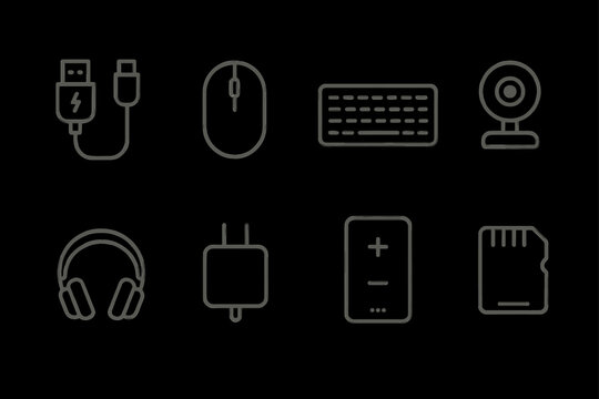 Collection of eight essential electronic device icons on black background