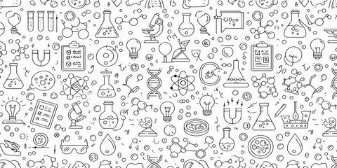 Seamless pattern with hand-drawn science and education icons. Vector background with chemistry and biology doodles for research.
