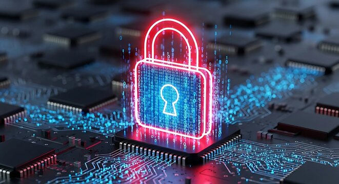 A digital padlock glows on a computer circuit board