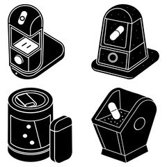 Poster - isometric illustration of four different objects including a can and two pill dispensers design styl
