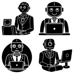 Poster - Four robots in suits working with laptops and sitting in different positions in a black and white image