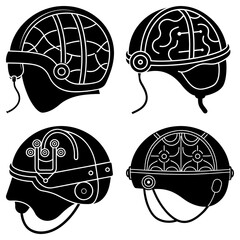 Poster - Four stylized black helmets with different internal designs on a white background are displayed here