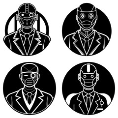 Poster - Four black and white circular icons depicting robot doctors in suits with various futuristic headgear styles