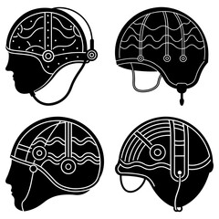 Poster - Four stylized helmets with unique designs and black silhouettes on a white background display artfully