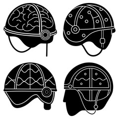 Poster - Four helmets with different designs including brain circuits waves and dots in black and white style