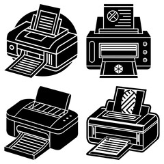 Poster - Four printer icons in black and white showing different printer designs with paper in each printer