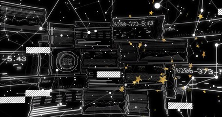 Poster - Drifting nodes and stars entering wireframe panels sliding overlays updating codes visualizing data