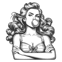 Wall Mural - confident woman with curled hair and arms crossed, blowing a bubble with gum playfully sketch engrav