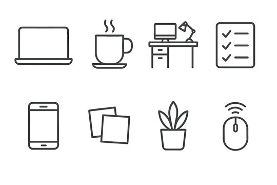 Minimalist office icons: laptop, coffee, desk, checklist, smartphone, photos, plant, mouse