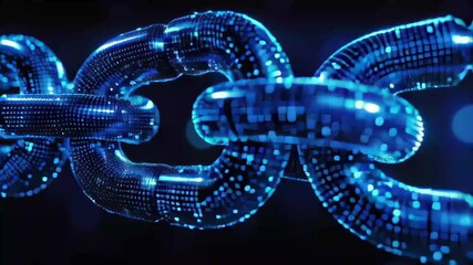 Poster - Close-up view of digital blue chain links illuminated by glowing particles in a dark background