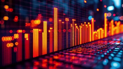 Poster - Visual representation of stock market trends with vibrant colors and digital elements in an urban environment at dusk