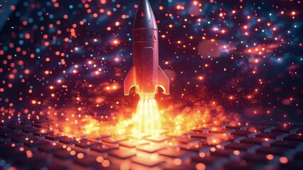 Poster - Rocket launching from a computer keyboard with glowing sparks in a cosmic background