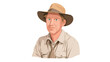 © ping - A close-up illustration of a man's portrait. The man is depicted from the chest up, wearing a wide-brimmed safari hat with a tan crown and brown brim. He has light skin, light brown hair visible