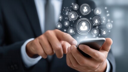 Poster - Businessman is using smartphone for social media and networking, connecting with many people online