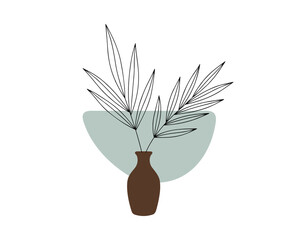 Poster - Minimalist Plant Illustration with Brown Vase and Blue Green Background Shape, Modern Vector Illustration
