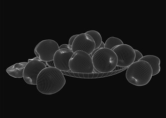 Poster - A 3D model of a light-colored bowl filled with deep red apples arranged in a neat pile on a black background. Some apples overlap, creating a natural and appealing composition.
