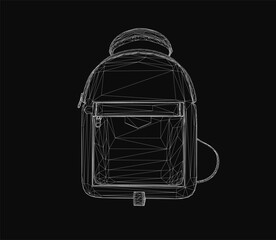 Fototapete - Stylish backpack rendered in 3D wireframe style on a black background. The rectangular design features a top handle, zipper closure, and adjustable straps.