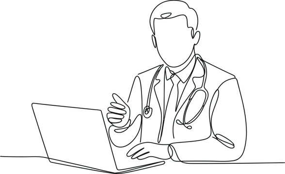 Minimalist line drawing of a person working on a laptop computer