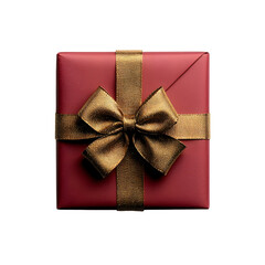 Poster - A meticulously designed luxurious red gift box with a large shimmering gold ribbon bow centered on a clean white background for optimal product presentation