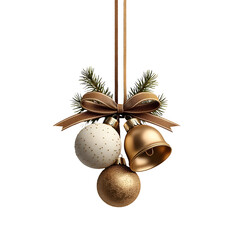 Poster - A Christmas featuring two golden sleigh bells tied together with a festive red ribbon surrounded by green fir branches on an isolated white background