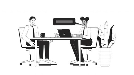 Poster - Job interview process doodle linear animation. Diverse HR manager jobseeker onboarding. Casual workplace conversation animated 2D outline characters sketch isolated on white. 4K video motion graphic