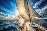 A majestic sailboat glides across the vast ocean under a brilliant sun, its sails catching the wind as waves gently ripple the waters surface