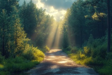 Poster - Bright sunlight filters through trees along a serene forest path in morning hours