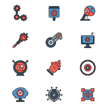 Twelve Colorful Flat-Design Technology Icons: Gears, Mechanisms, and Interfaces