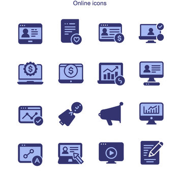 Collection of Blue Online Icons Representing Various Digital Concepts