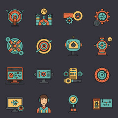 Poster - Collection of Flat Design Technology and Machine Icons on Dark Background