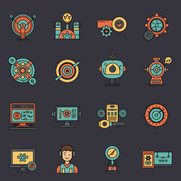 Collection of Flat Design Technology and Machine Icons on Dark Background